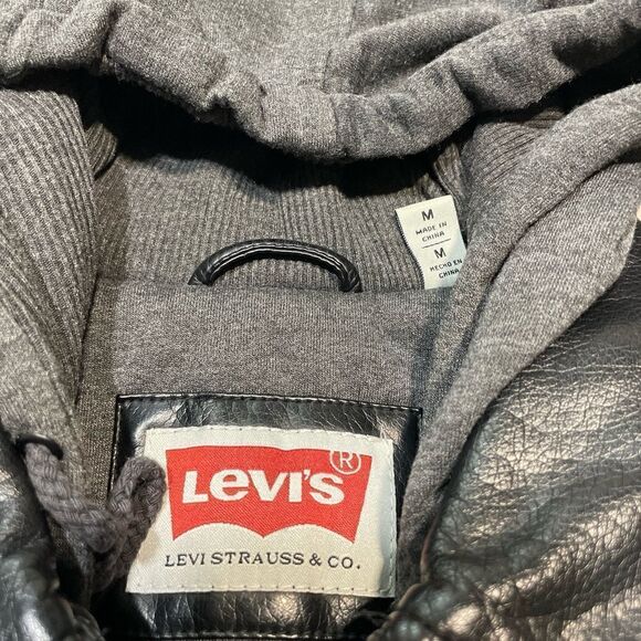 Levi's Black Leather Hoodie Sweatshirt Jacket Size M - Picture 2 of 13